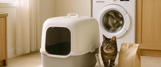 Clean litter box with scoop and litter bag — cat litter types guide