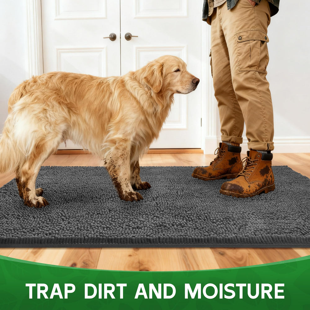 100pointONE soft chenille dog mat, plush surface for muddy paws and family comfort.