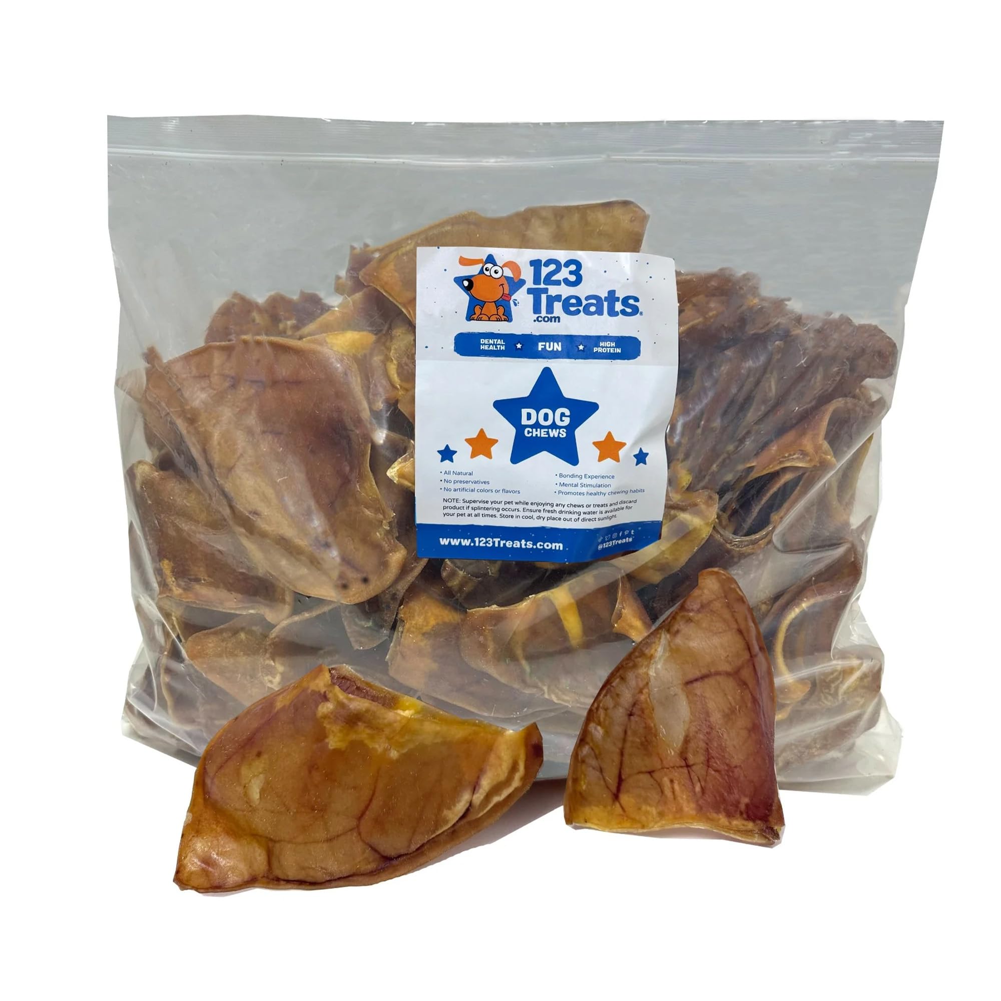123 Treats pig ears dog pack: natural chew to satisfy gnawing and support gum health.