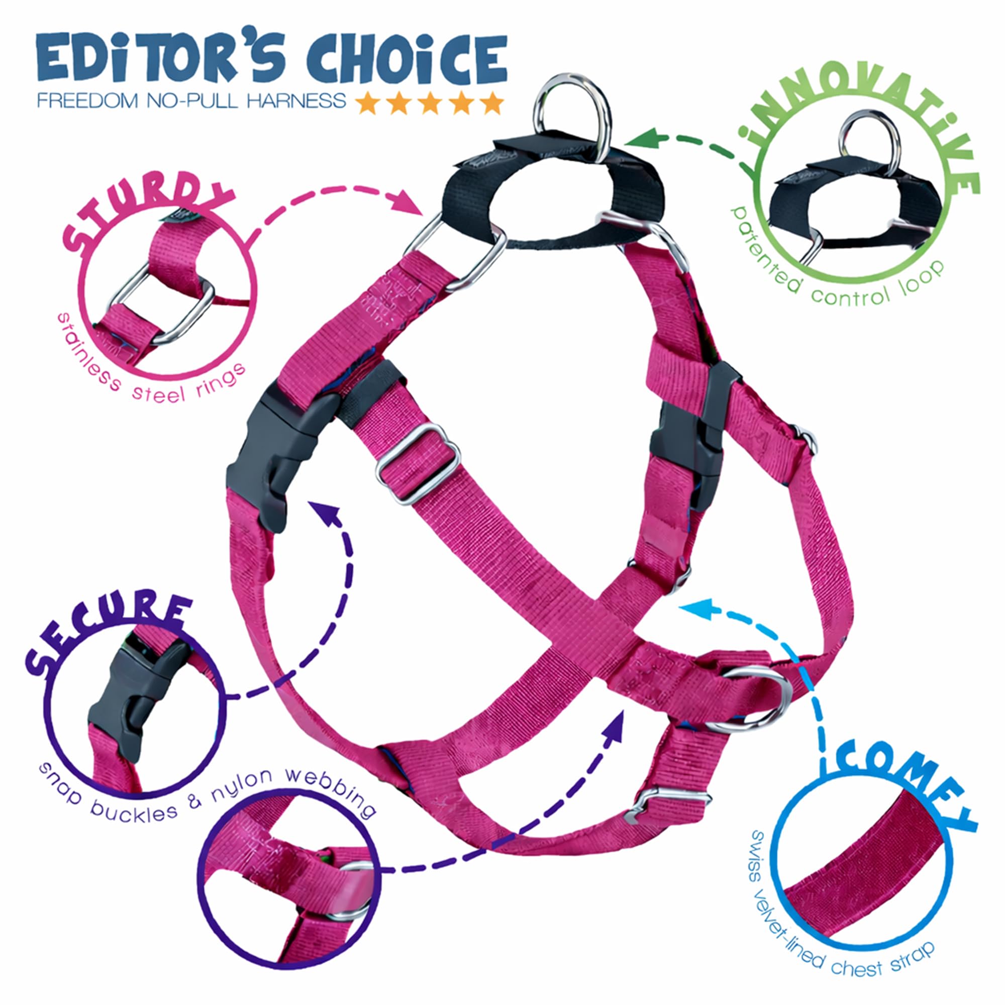 2 Hounds Design Freedom no-pull harness stainless steel hardware for durability.