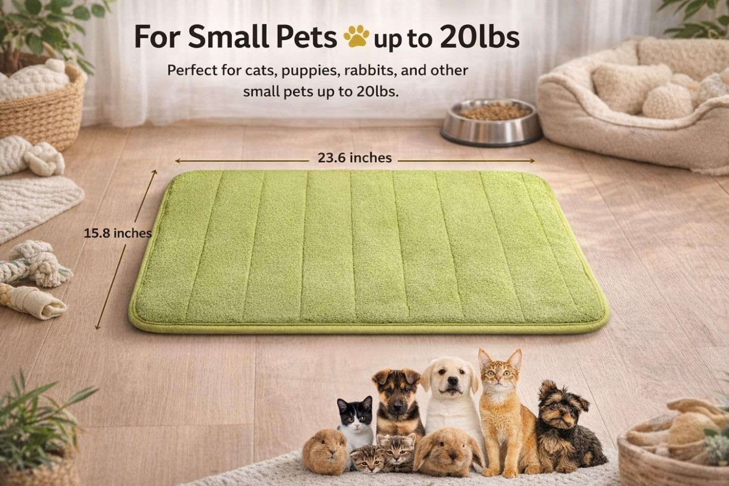 2ME Washable Pet Bed Mat in green provides a comfy spot for small dogs and rabbits.