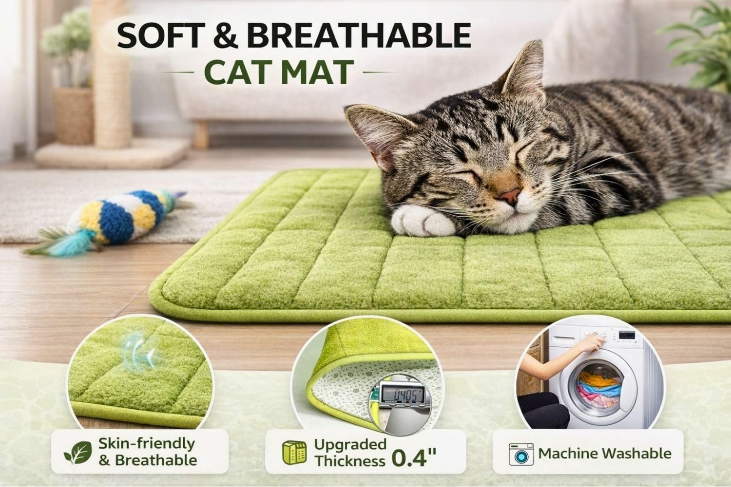 2ME Washable Pet Bed Mat with non-slip bottom stays in place during naps.