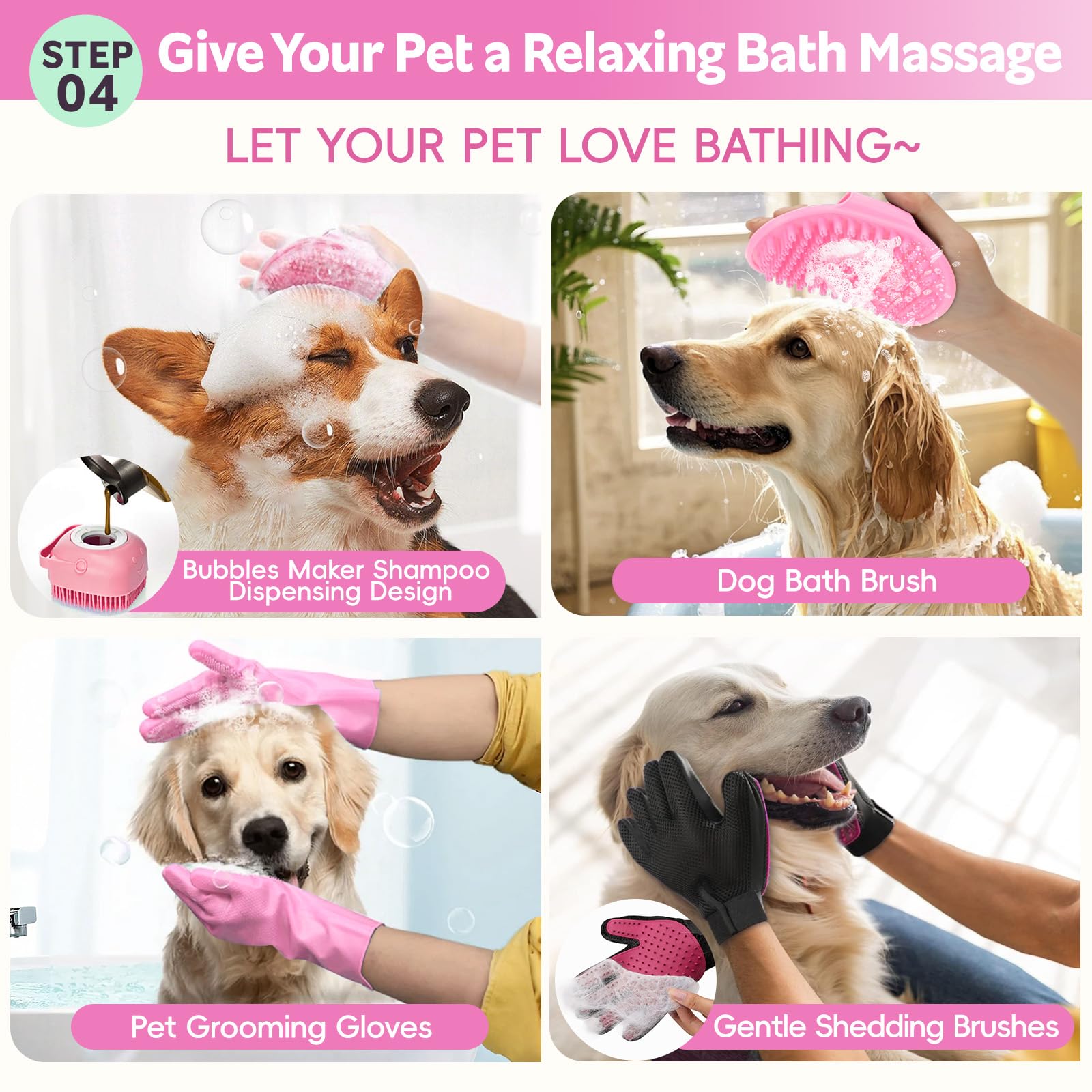 2TRUL dog shampoo brush with dispensing feature speeds bath time.