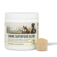 360 Pet Nutrition Canine Superfood Blend bottle pour over meals to boost daily nutrition