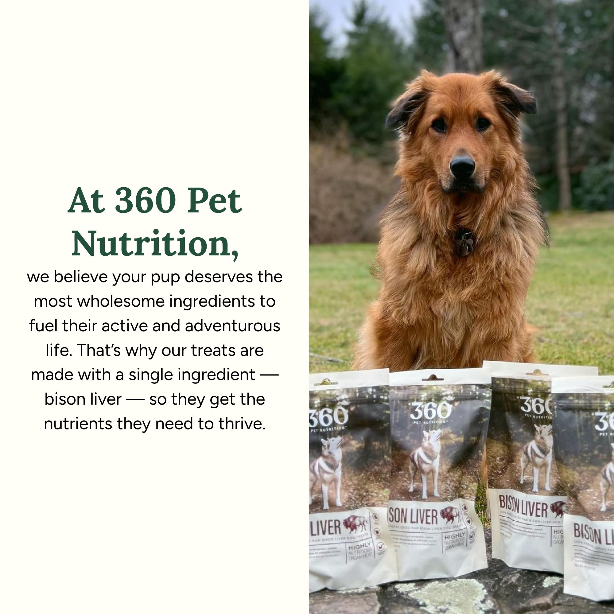 360 Pet Nutrition easy-open packaging shown for convenient snacking.