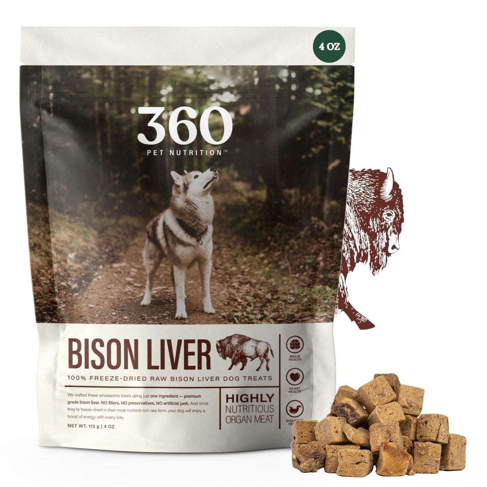 360 Pet Nutrition freeze-dried bison liver treats in a bag, protein-rich reward.