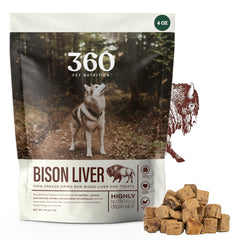 360 Pet Nutrition freeze-dried bison liver treats in a bag, protein-rich reward.