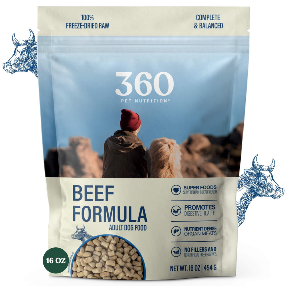 360 Pet Nutrition freeze-dried beef recipe bag highlights high-protein meal options for dogs.