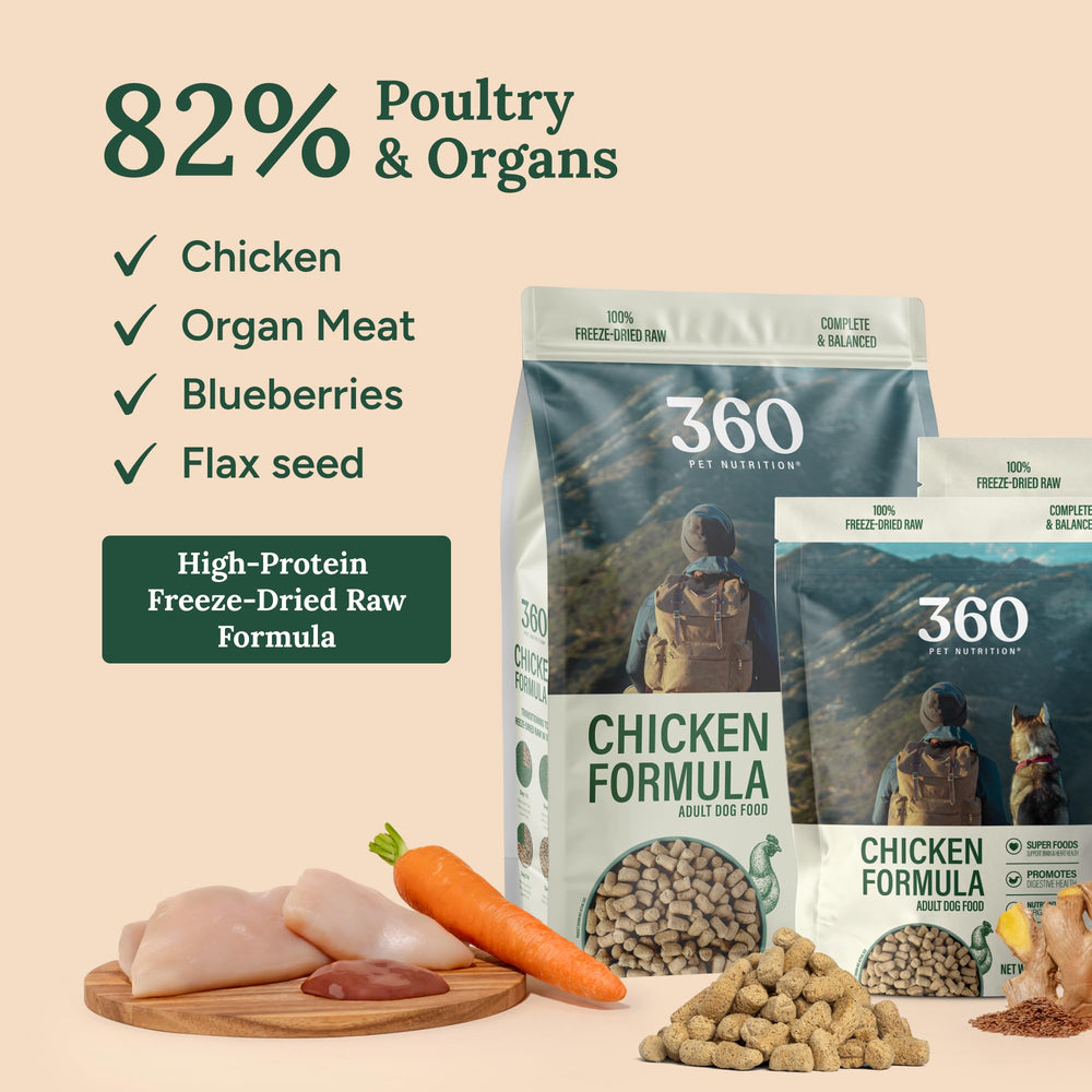 360 Pet Nutrition freeze-dried raw dog food bite-sized pieces – quick mealtime.