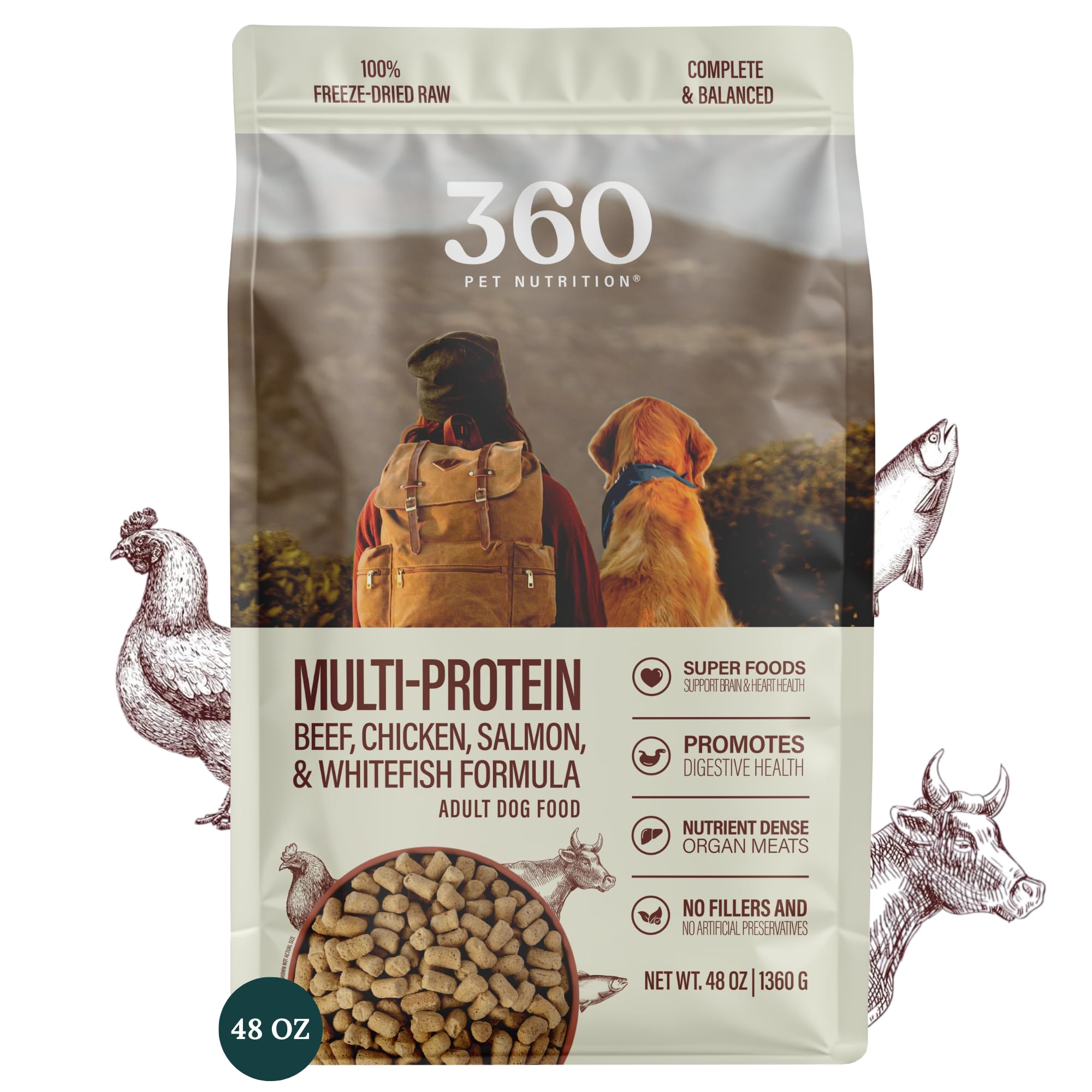 360 Pet Nutrition freeze-dried raw dog food bag showing a multi-protein blend for active dogs.
