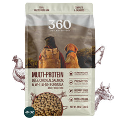 360 Pet Nutrition freeze-dried raw dog food bag showing a multi-protein blend for active dogs.