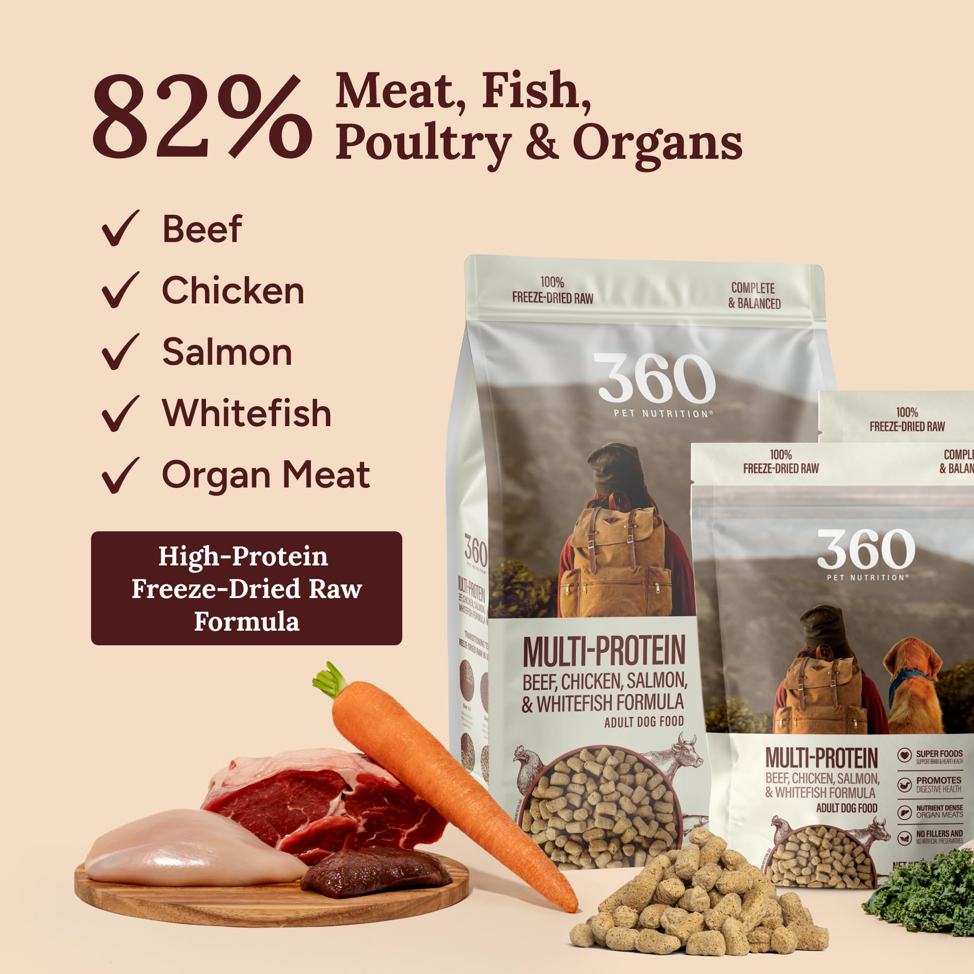 360 Pet Nutrition grain-free recipe focusing on protein-rich meats and fish.