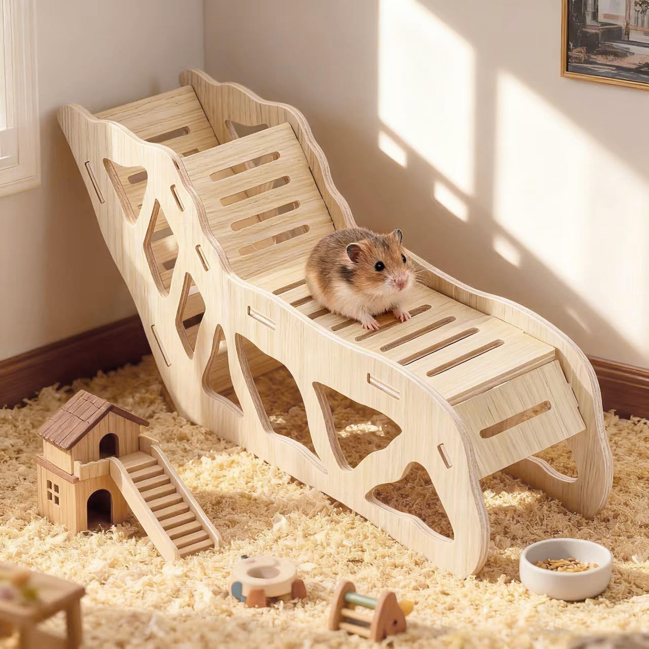 3BAO hamster platform natural finish blends with habitat décor.