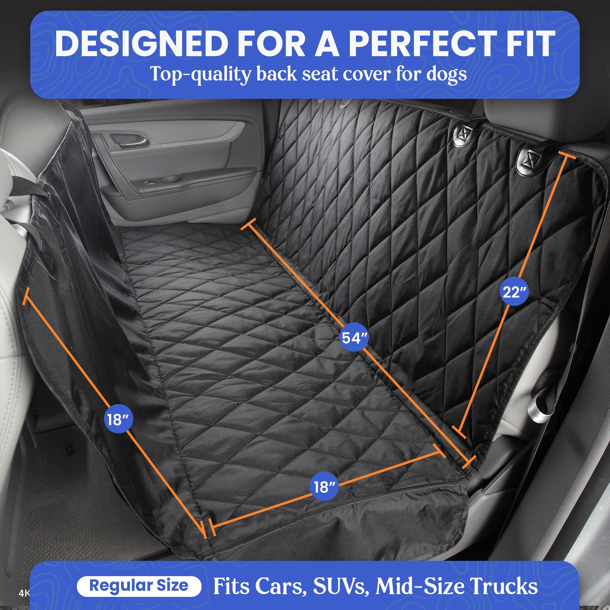 4Knines backseat cover with non-slip backing stays in place during travel.
