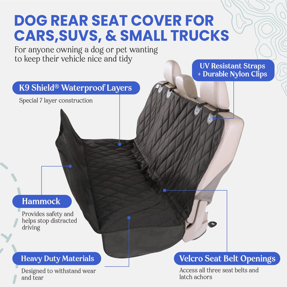 4Knines dog seat cover features waterproof K9-Shield to protect upholstery.