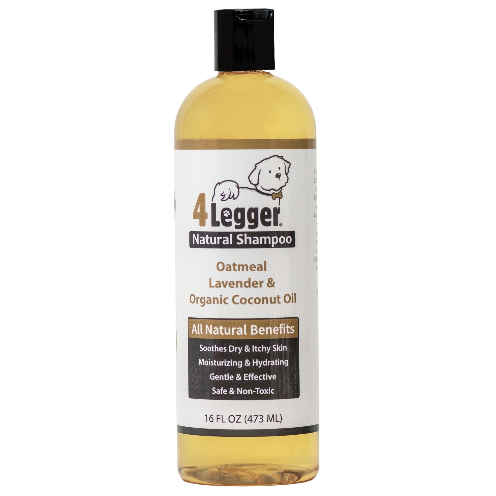 4Legger all-natural oatmeal dog shampoo bottle showcases gentle cleansing for sensitive skin.