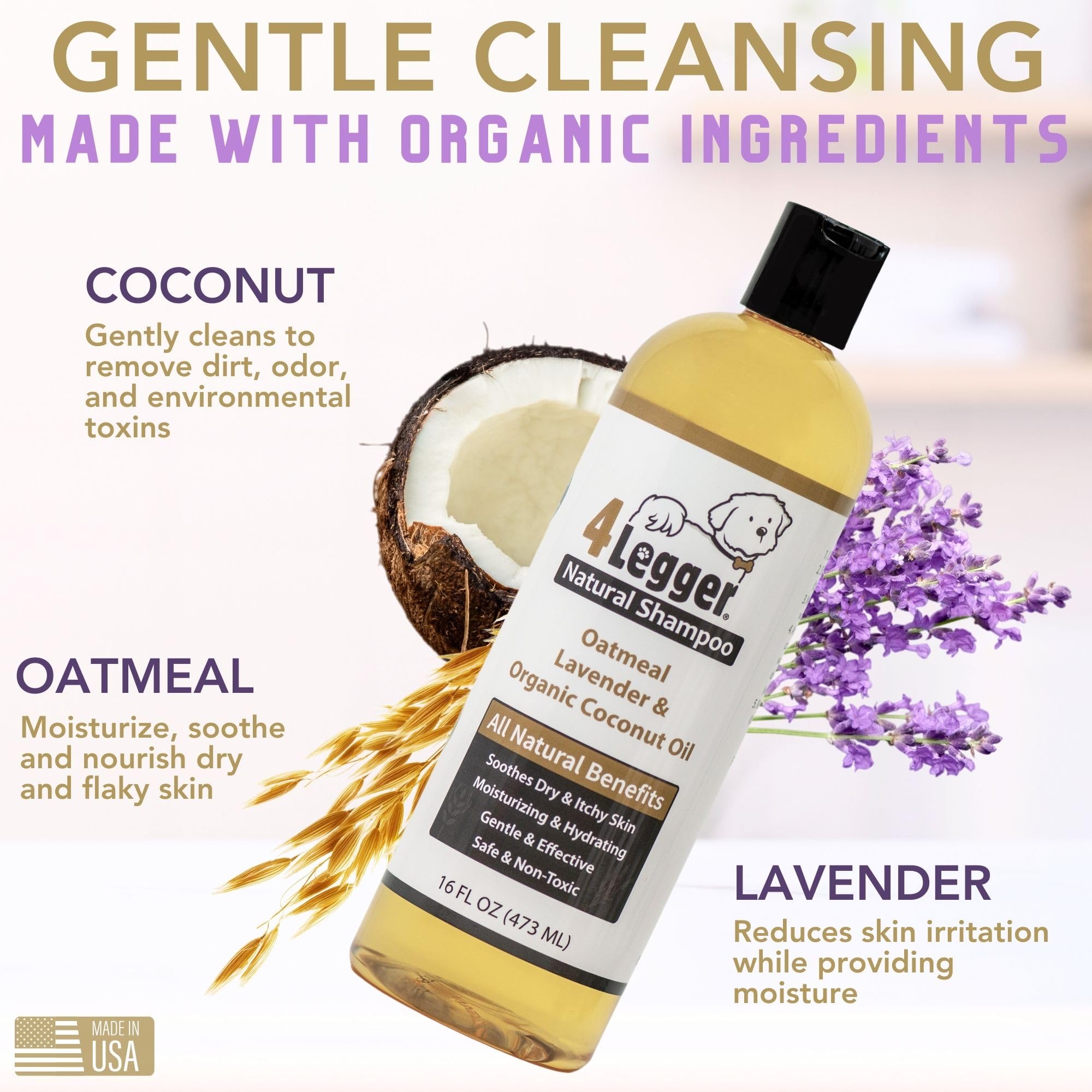 4Legger oatmeal dog shampoo pour action demonstrates easy dosing and mess-free application.