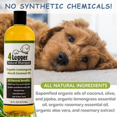 4Legger Aloe Lemongrass shampoo image emphasizes soothing plant-based formula.