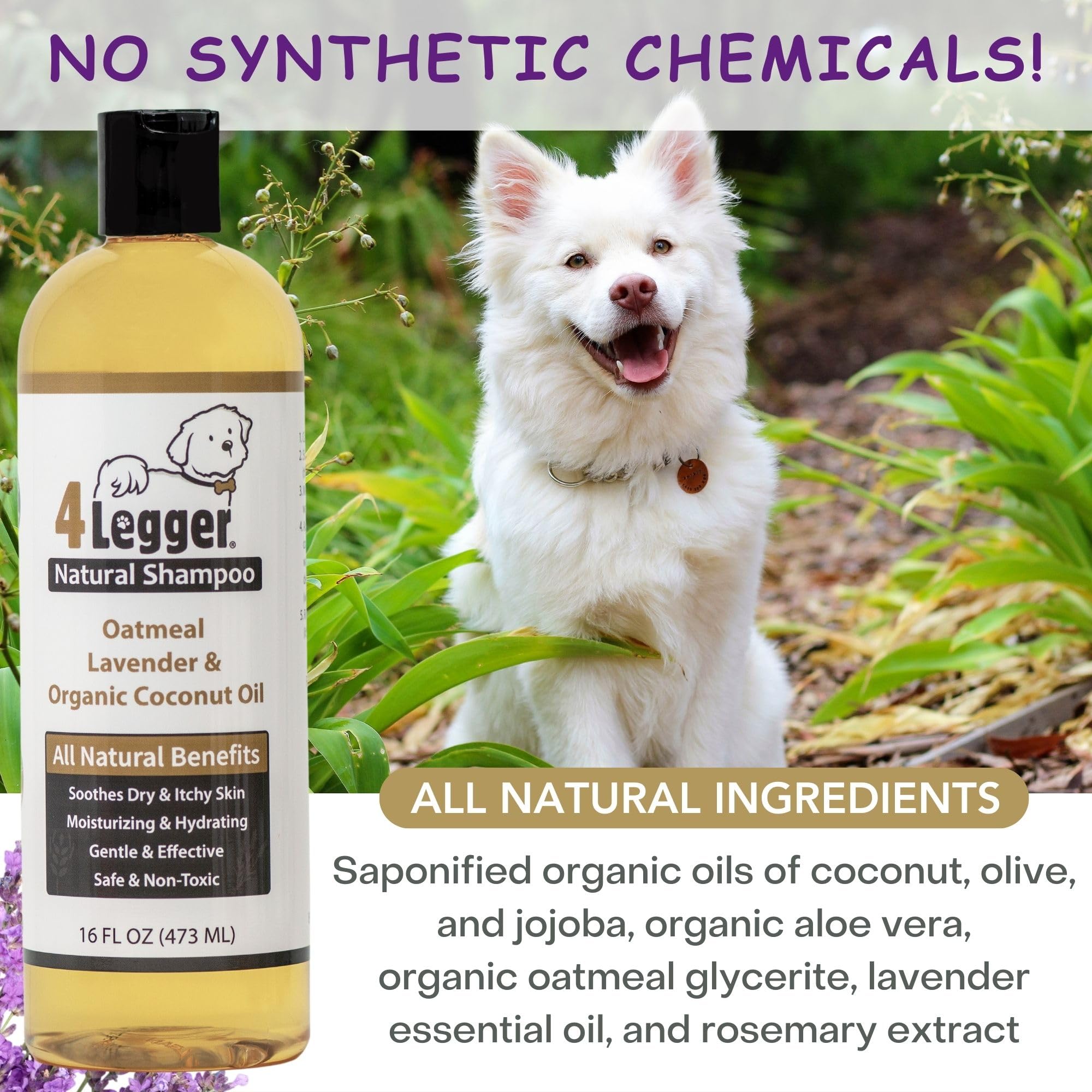 4Legger lavender oil label suggests calming scent during bath time.