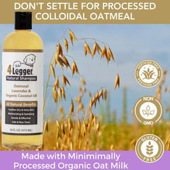 4Legger oatmeal dog shampoo ingredients panel emphasizes natural oats, aloe, and lavender.