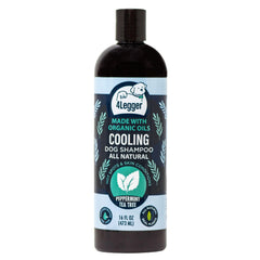 4Legger Organic Dog Shampoo bottle pour showing cooling peppermint scent for irritated skin