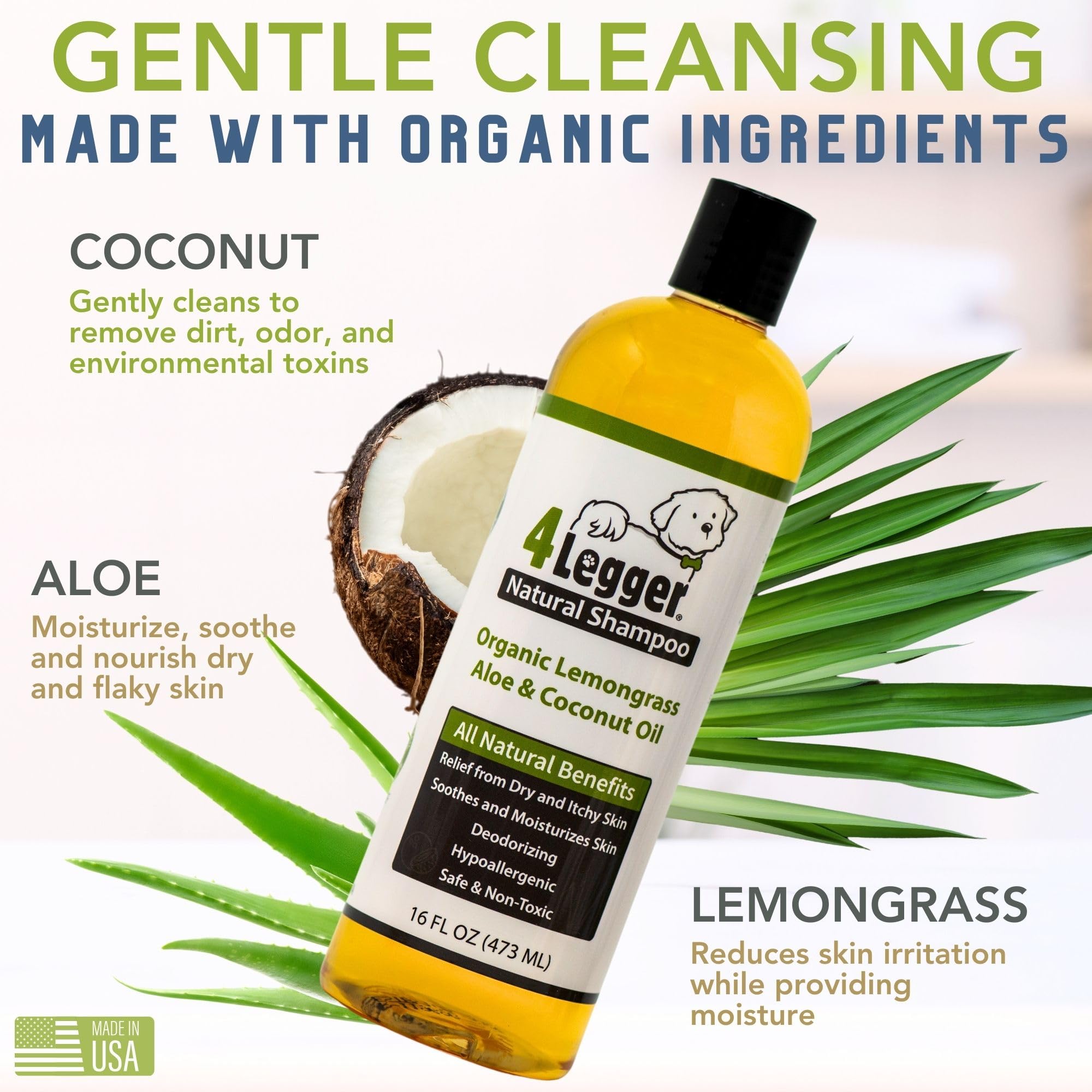 4Legger Organic Dog Shampoo ingredients label highlights natural plant-based care.