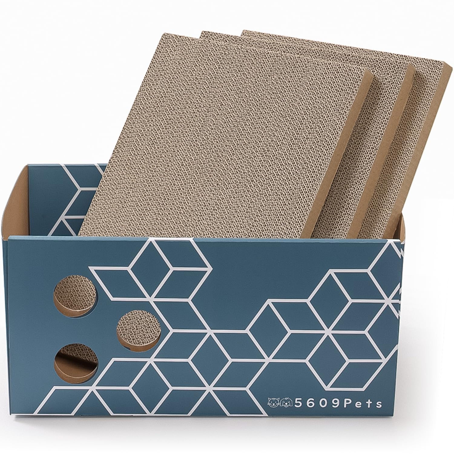 5609PETS cat scratching box, open view, inviting stretch and play.