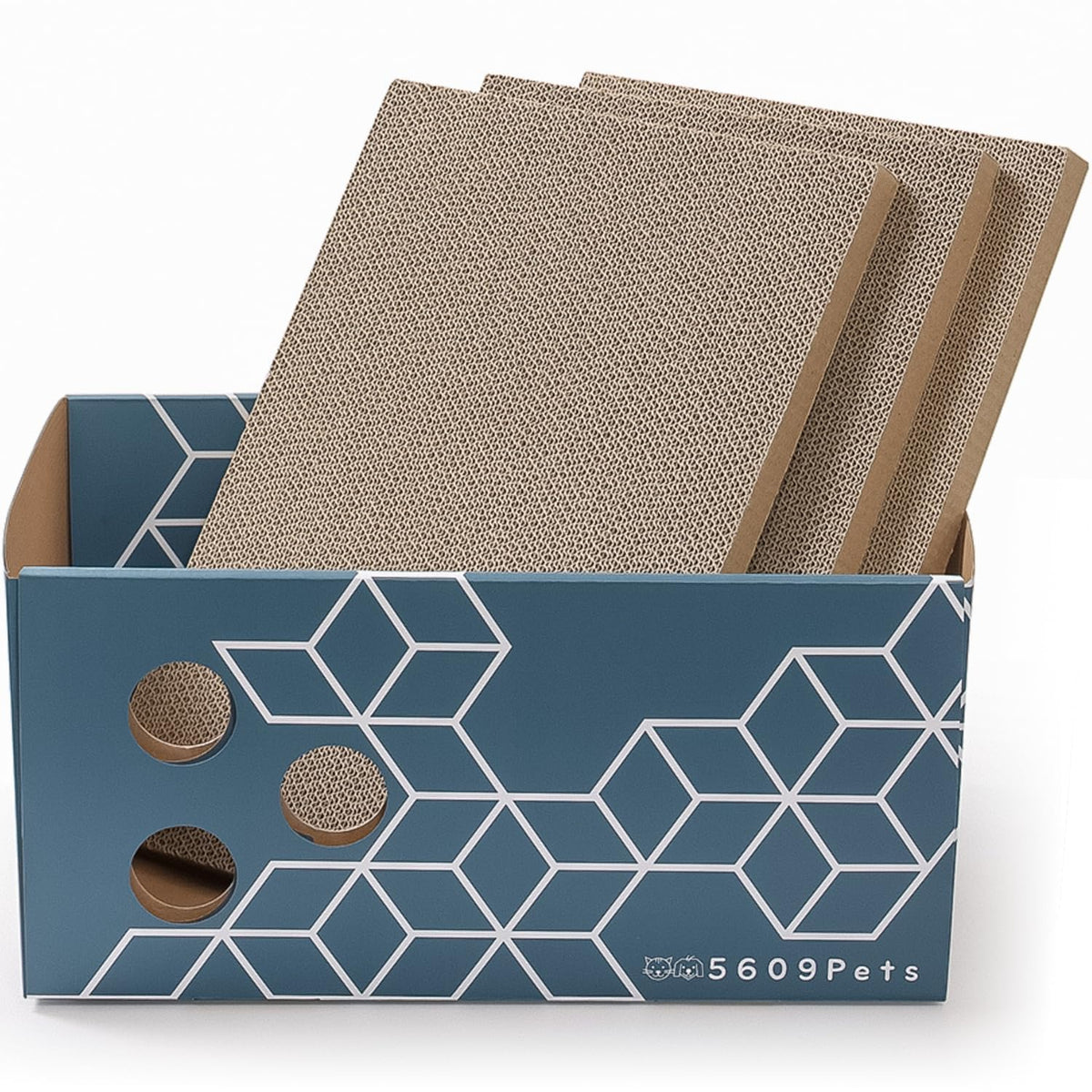 5609PETS cat scratching box, open view, inviting stretch and play.