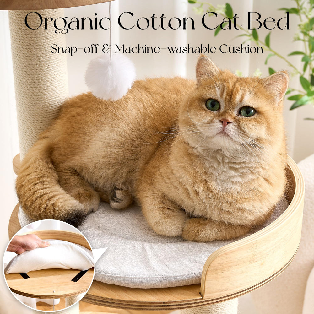 797Audio modern cat tree features weighted base to minimize wobble and protect curious climbers.