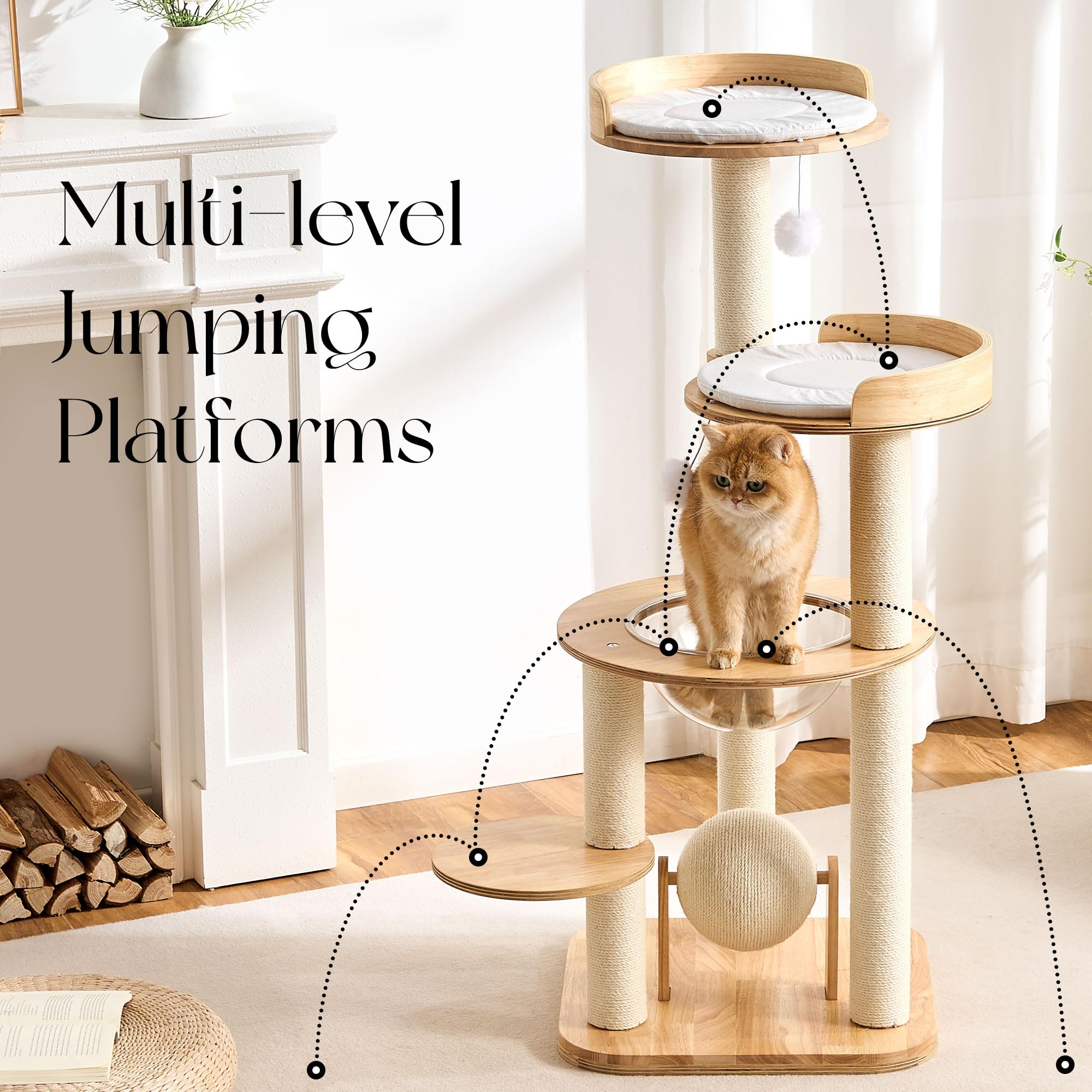 797Audio modern solid wood cat tree close-up of sisal posts ideal for scratching.