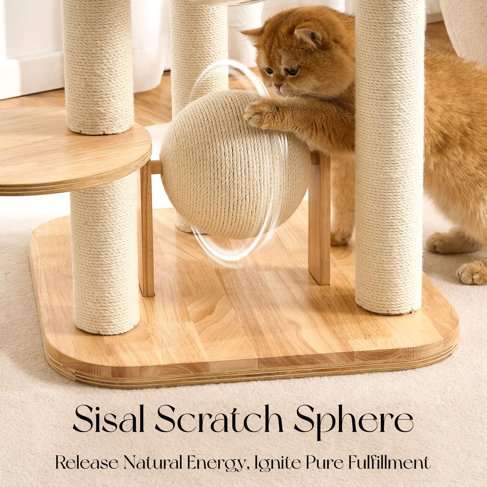 797Audio cat tree pod and perches emphasize cozy resting spots for cats.