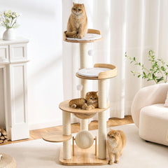 797Audio modern solid wood cat tree tower front view highlights natural oak finish for stylish indoor spaces.