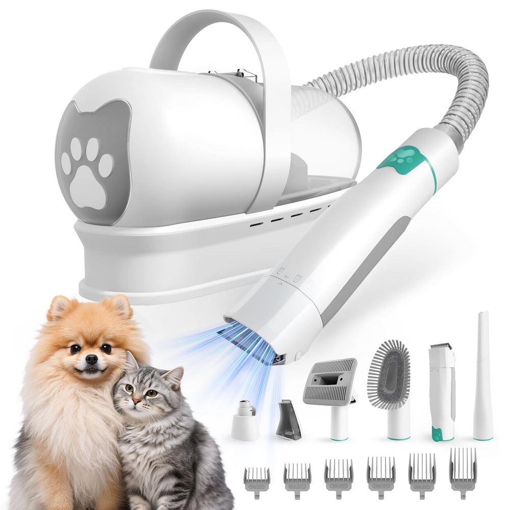 8VR Dog Grooming Kit full setup with integrated vacuum during grooming