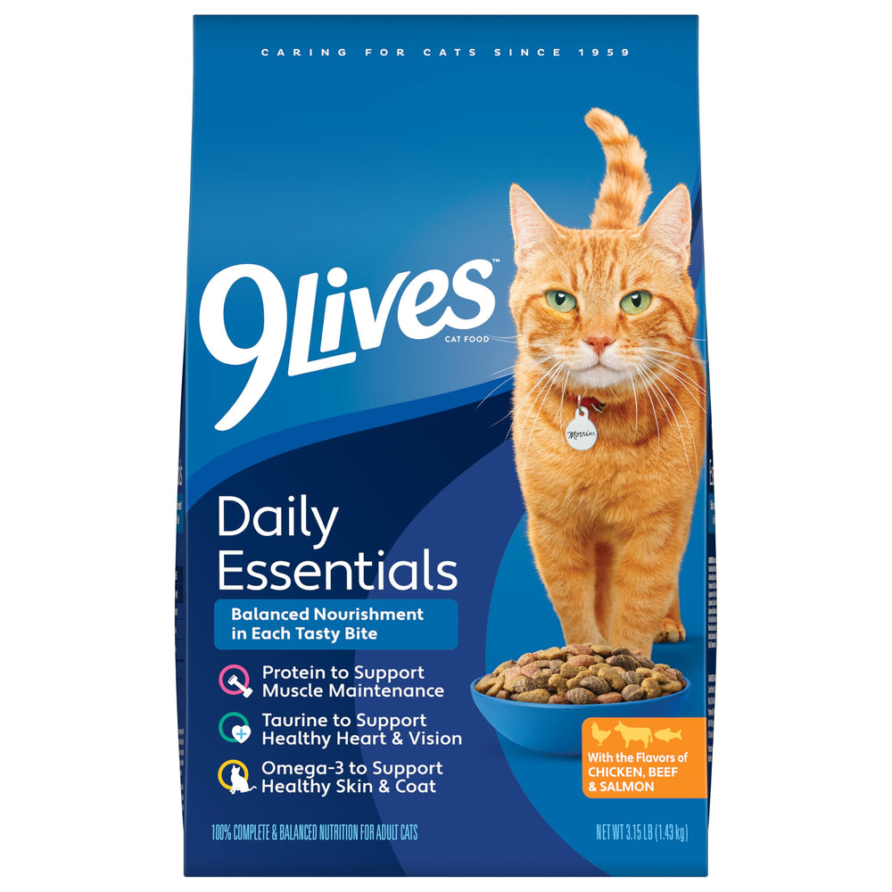 9Lives Daily Essentials chicken-beef-salmon kibble variety stimulates mealtime interest