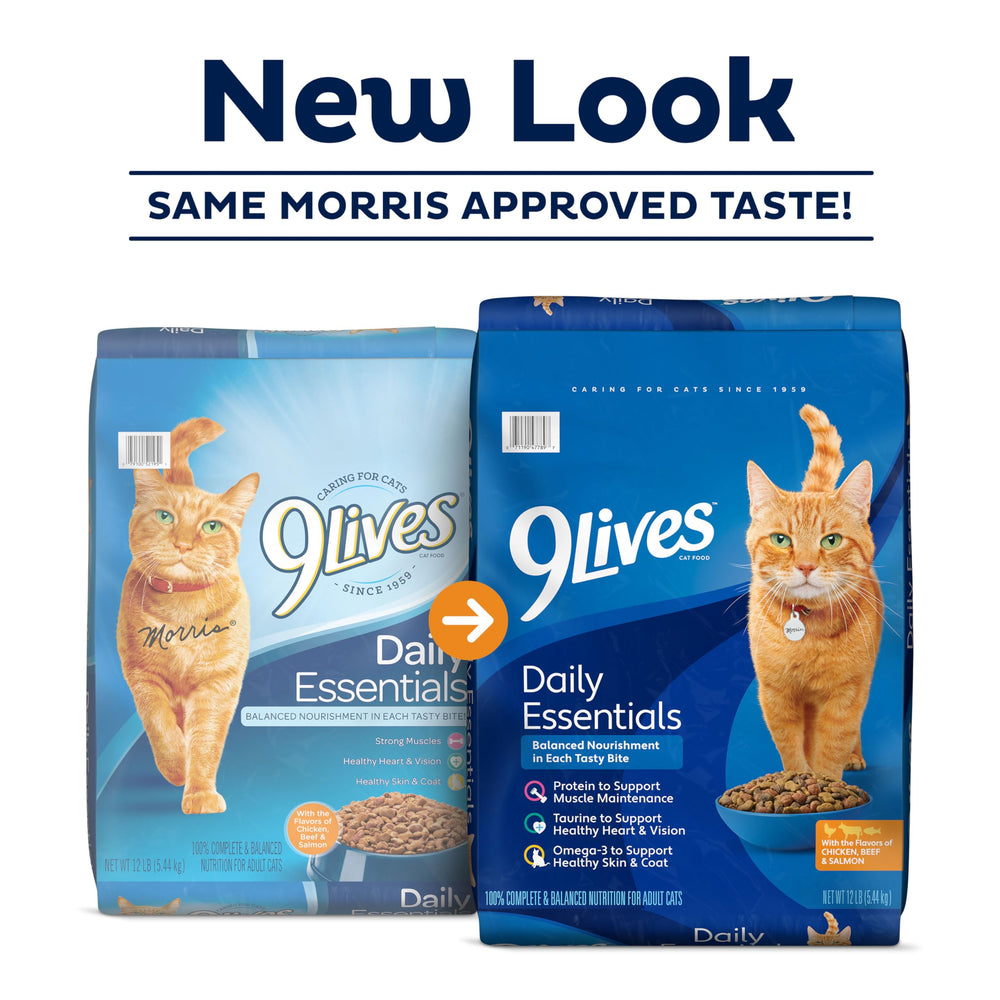 9Lives Daily Essentials flavors—salmon, chicken, beef—appealing taste plus protein