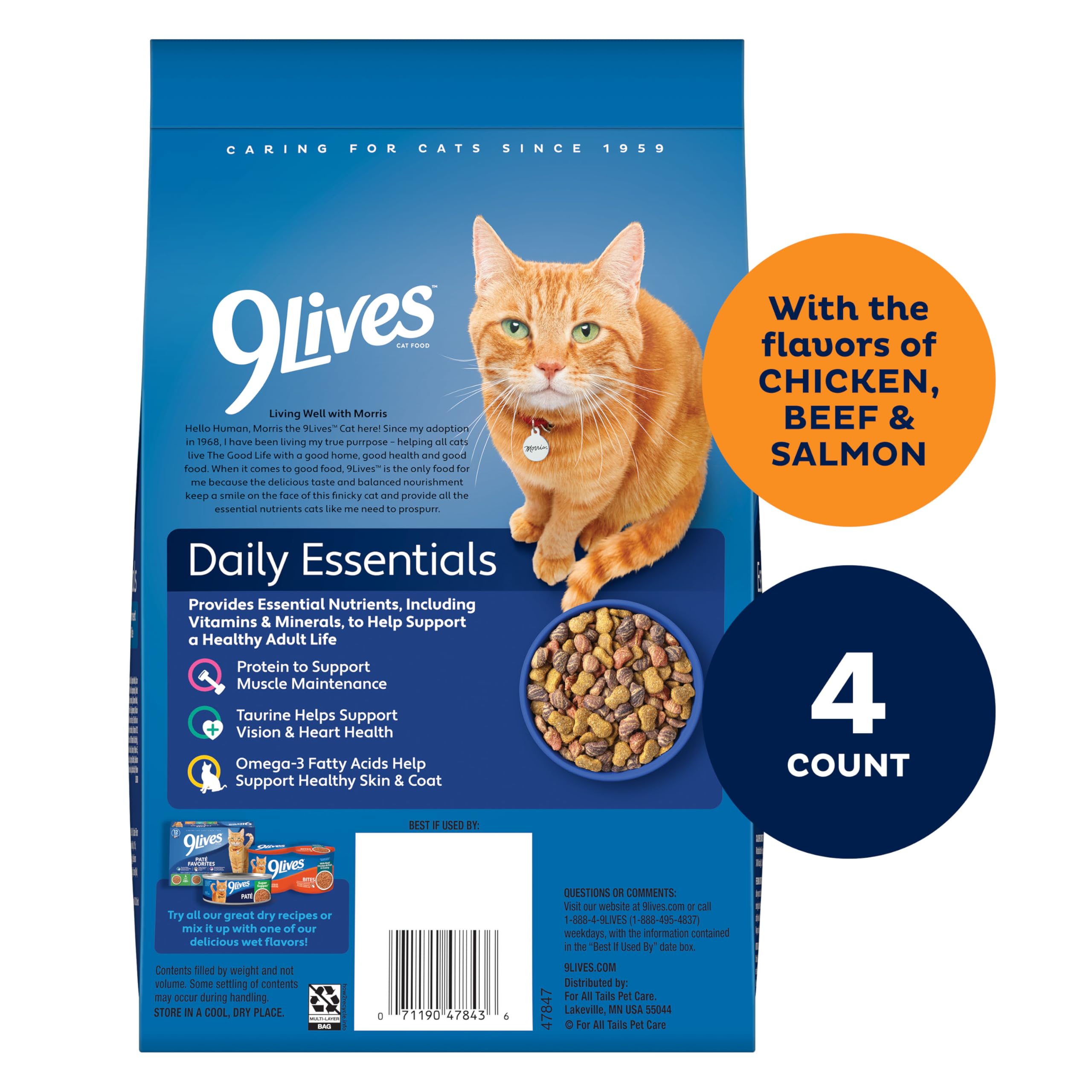 Taurine in 9Lives Daily Essentials supports healthy heart function and clear vision