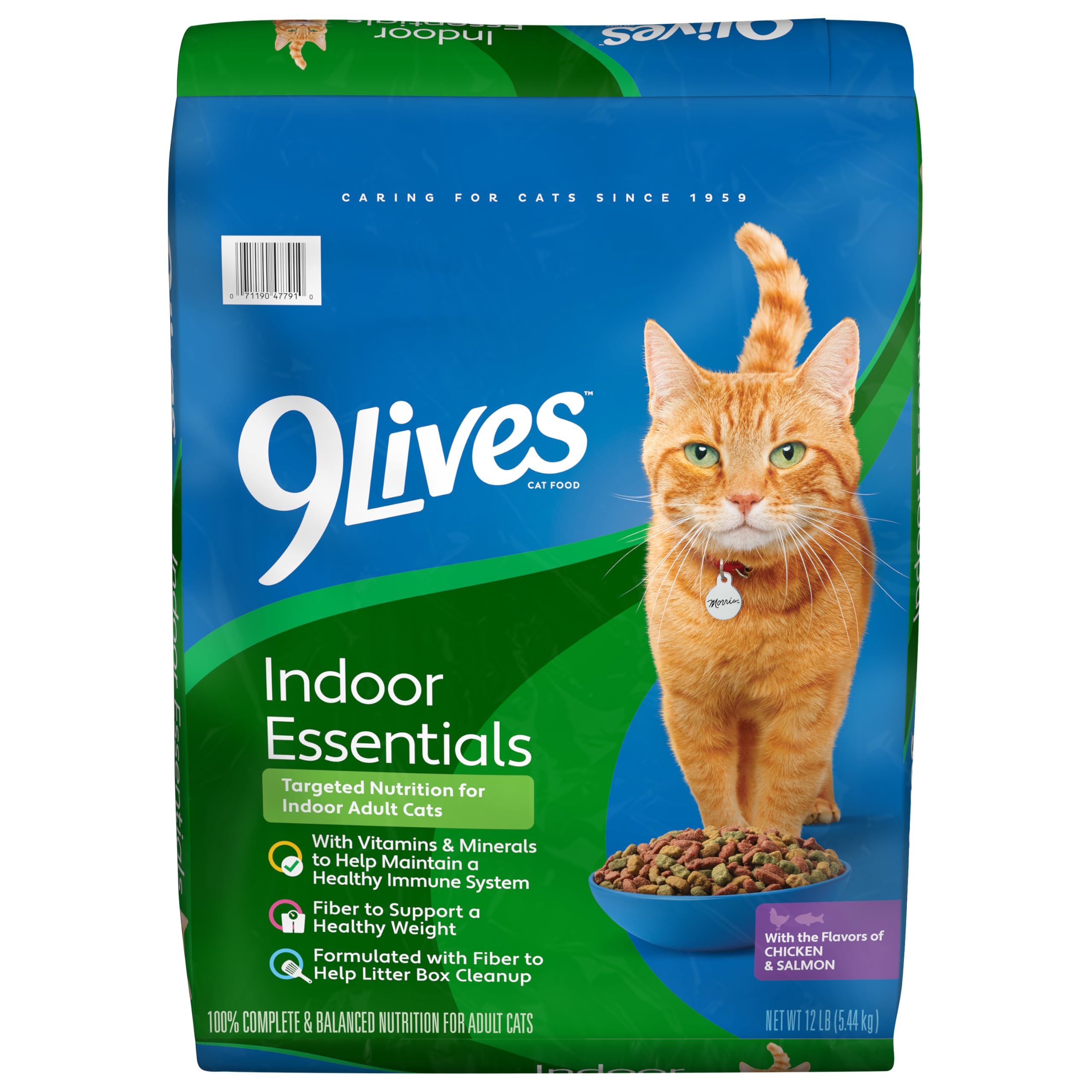 9Lives Indoor Essentials 12-lb bag with chicken and salmon for indoor cats.