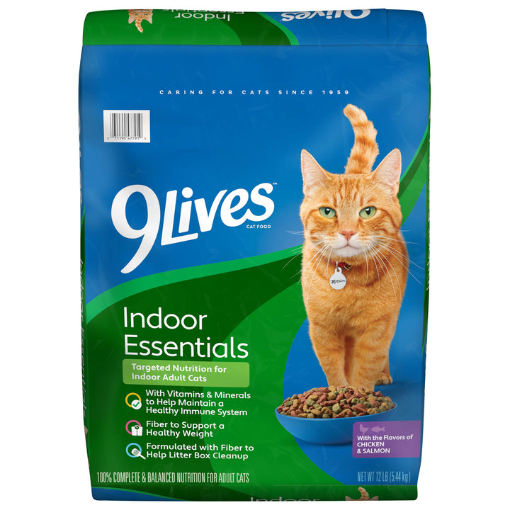 9Lives Indoor Essentials 12-lb bag with chicken and salmon for indoor cats.