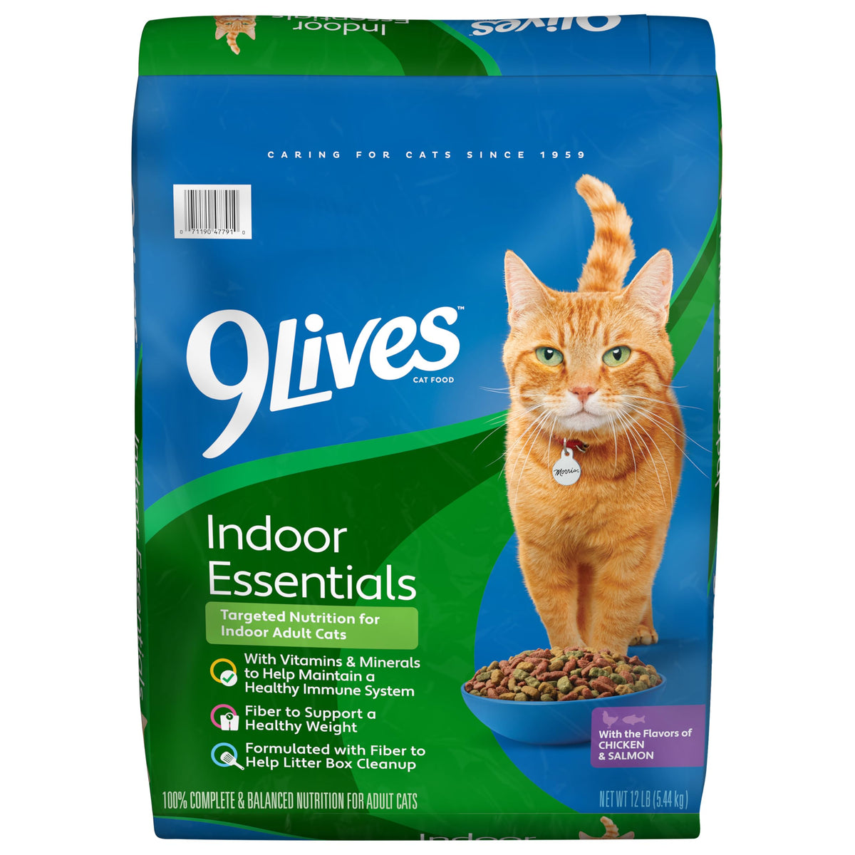 9Lives Indoor Essentials 12-lb bag with chicken and salmon for indoor cats.