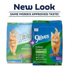 9Lives Indoor Essentials kibble close-up showing varied shapes and colors for engaging meals.