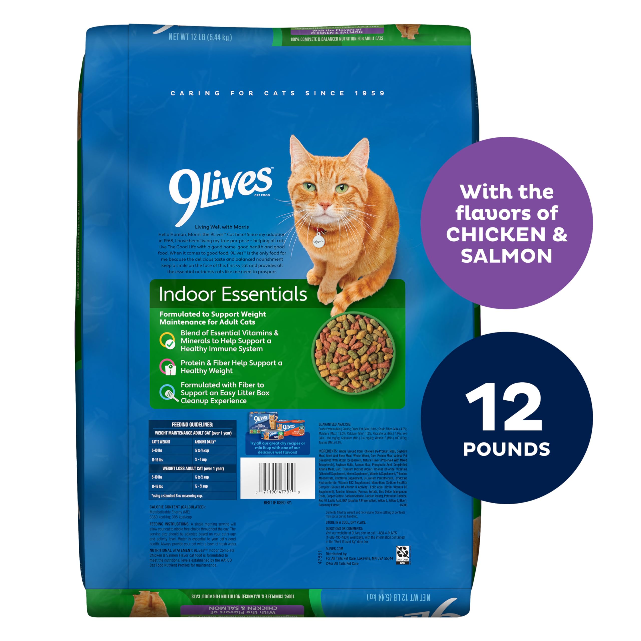 9Lives Indoor Essentials lean protein and fiber formula supports healthy weight for indoor cats.