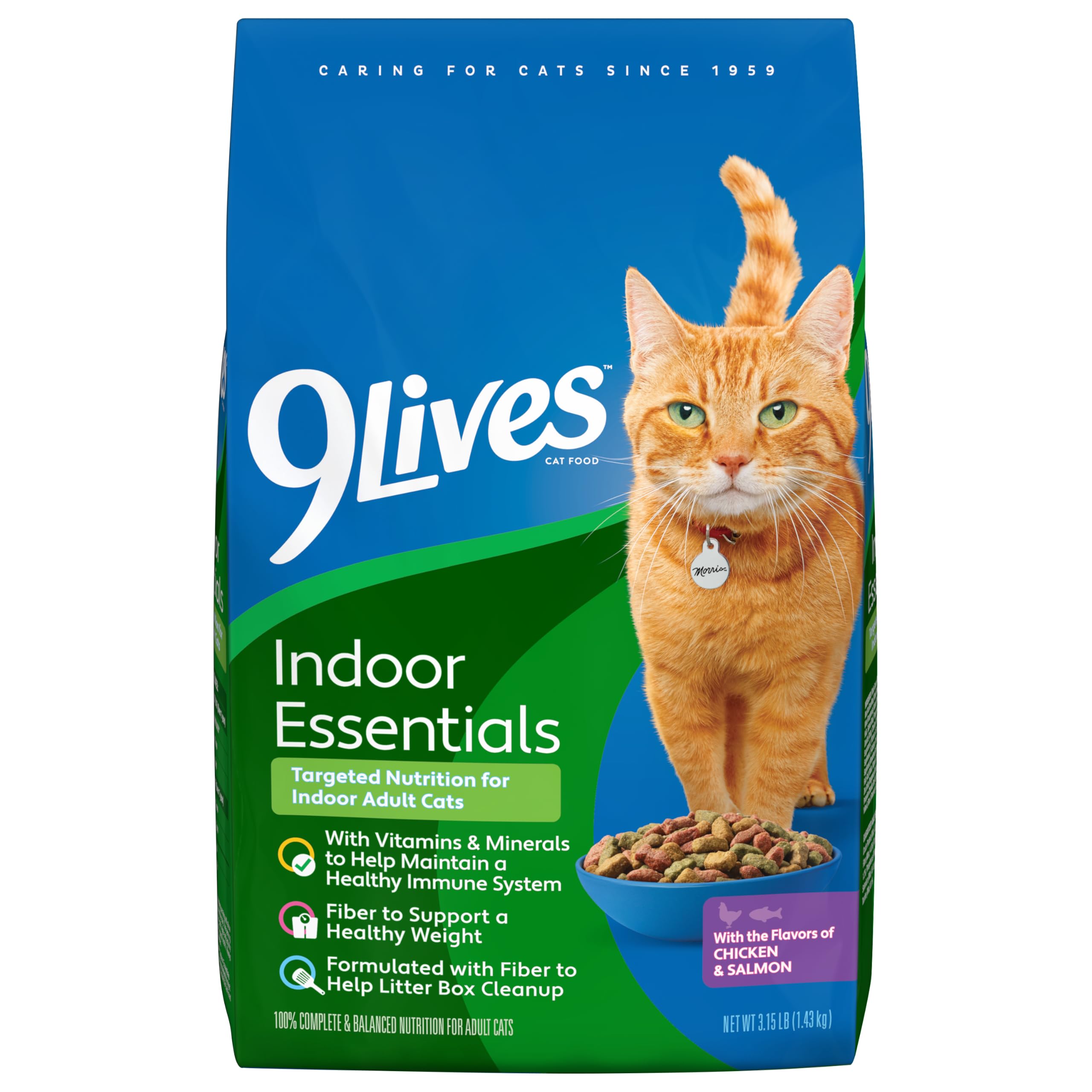 9Lives Indoor Essentials bag showing chicken and salmon kibble for indoor cats