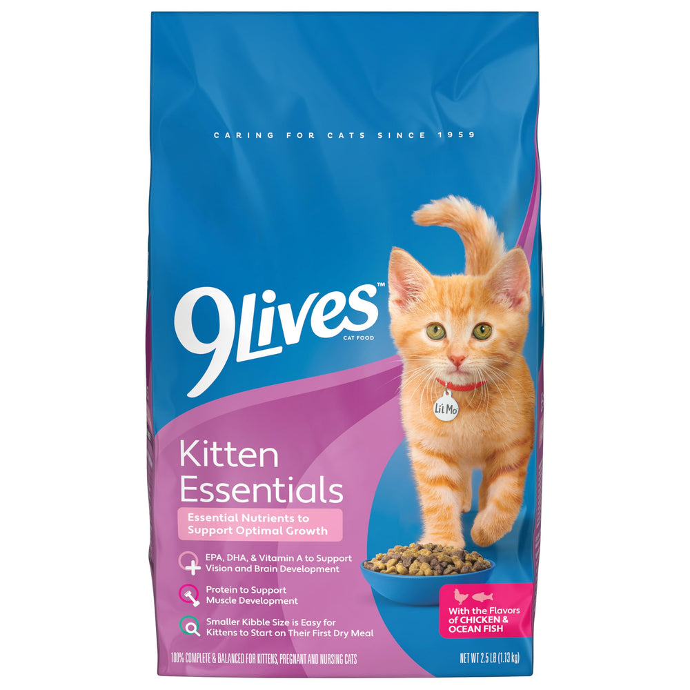 9Lives Kitten Essentials chicken and ocean fish dry food bag front view highlighting flavor