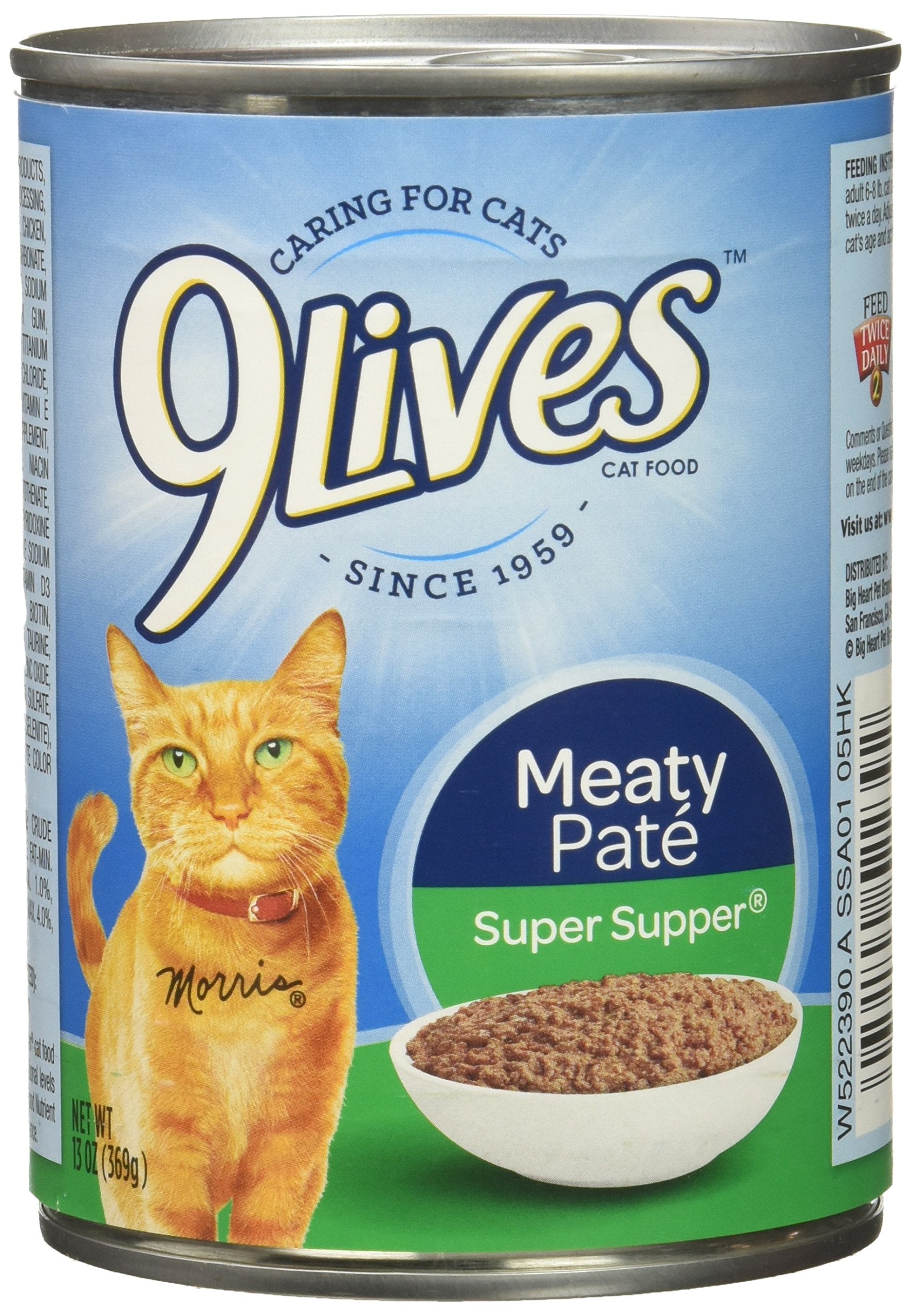 9Lives Meaty Paté Super Supper cans in a 12-pack with real fish and chicken