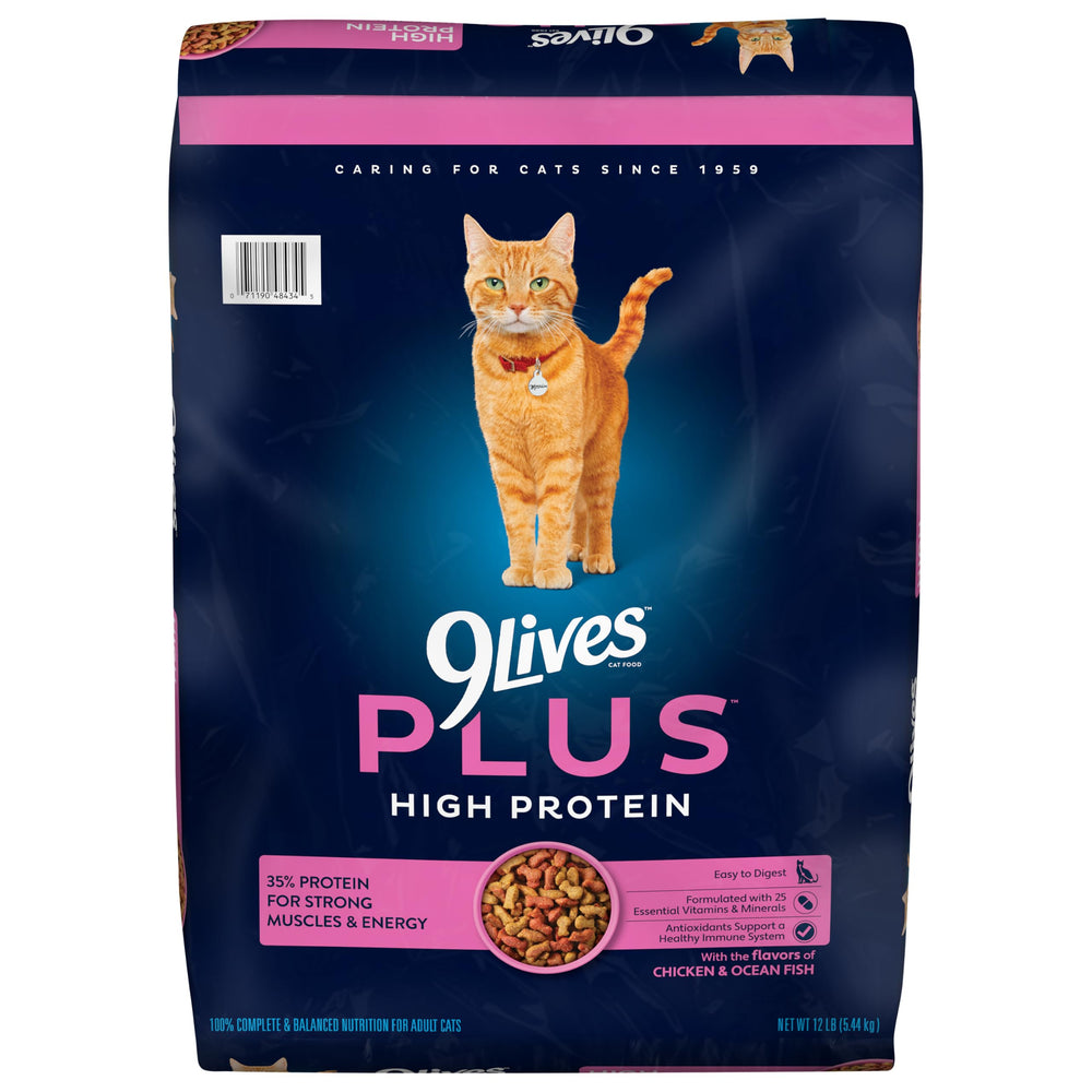 9Lives Plus high protein dry cat food bag front for adult cats