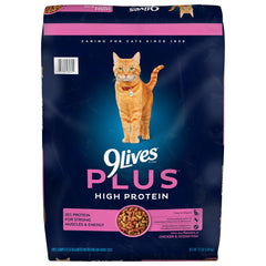 9Lives Plus high protein dry cat food bag front for adult cats