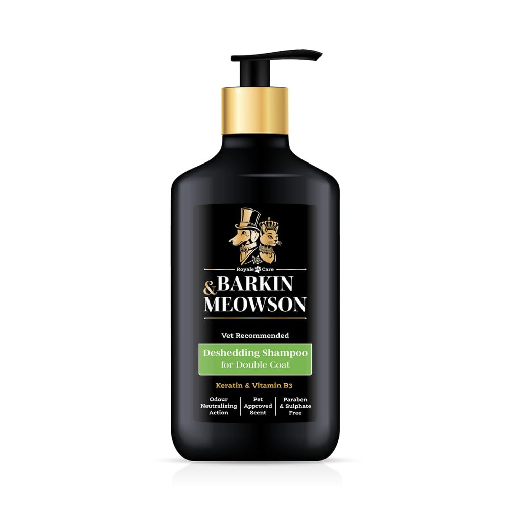 Barkin & Meowson deshedding dog shampoo bottle ready for grooming double coats.
