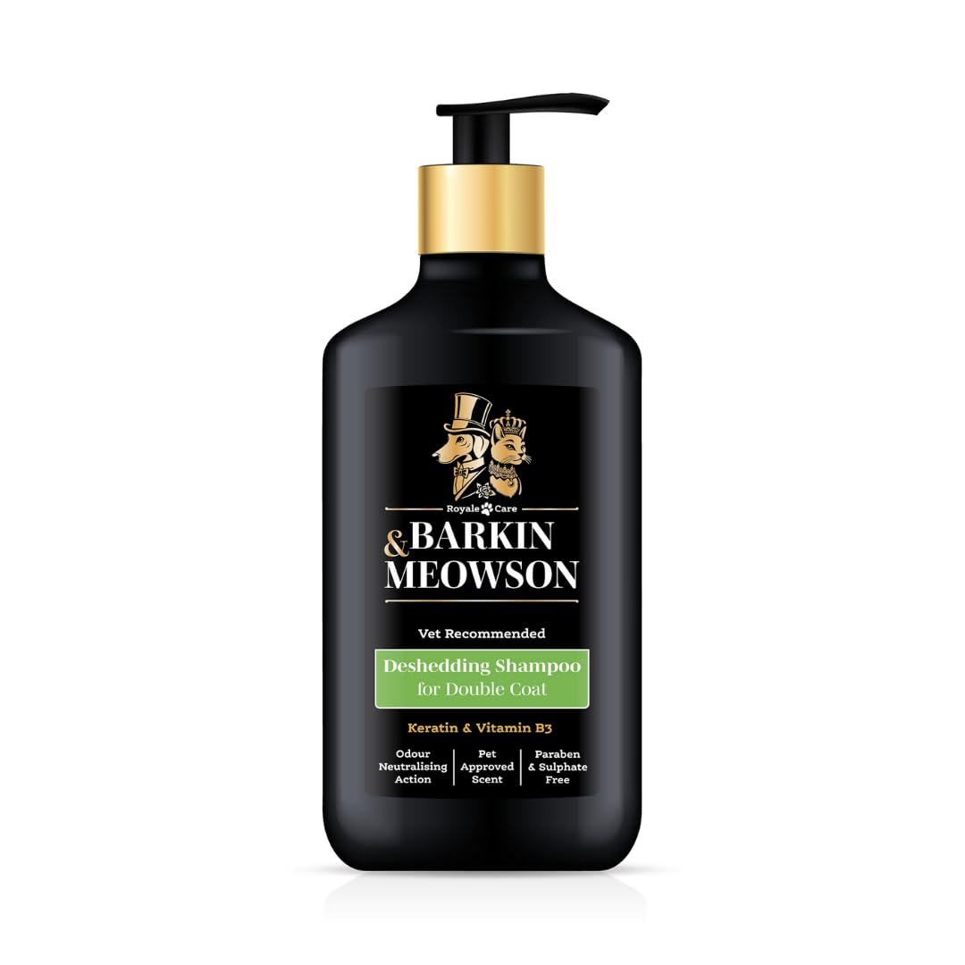 Barkin & Meowson deshedding dog shampoo bottle ready for grooming double coats.