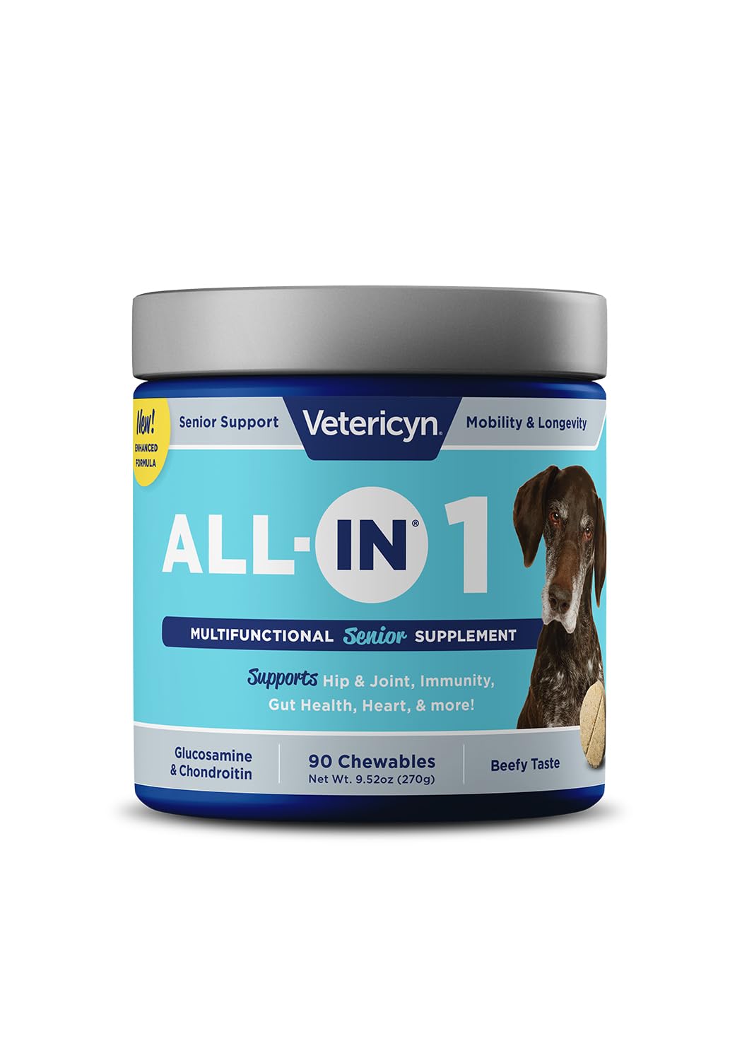 Vetericyn All-in-1 senior dog supplement bottle with joint-support formula.
