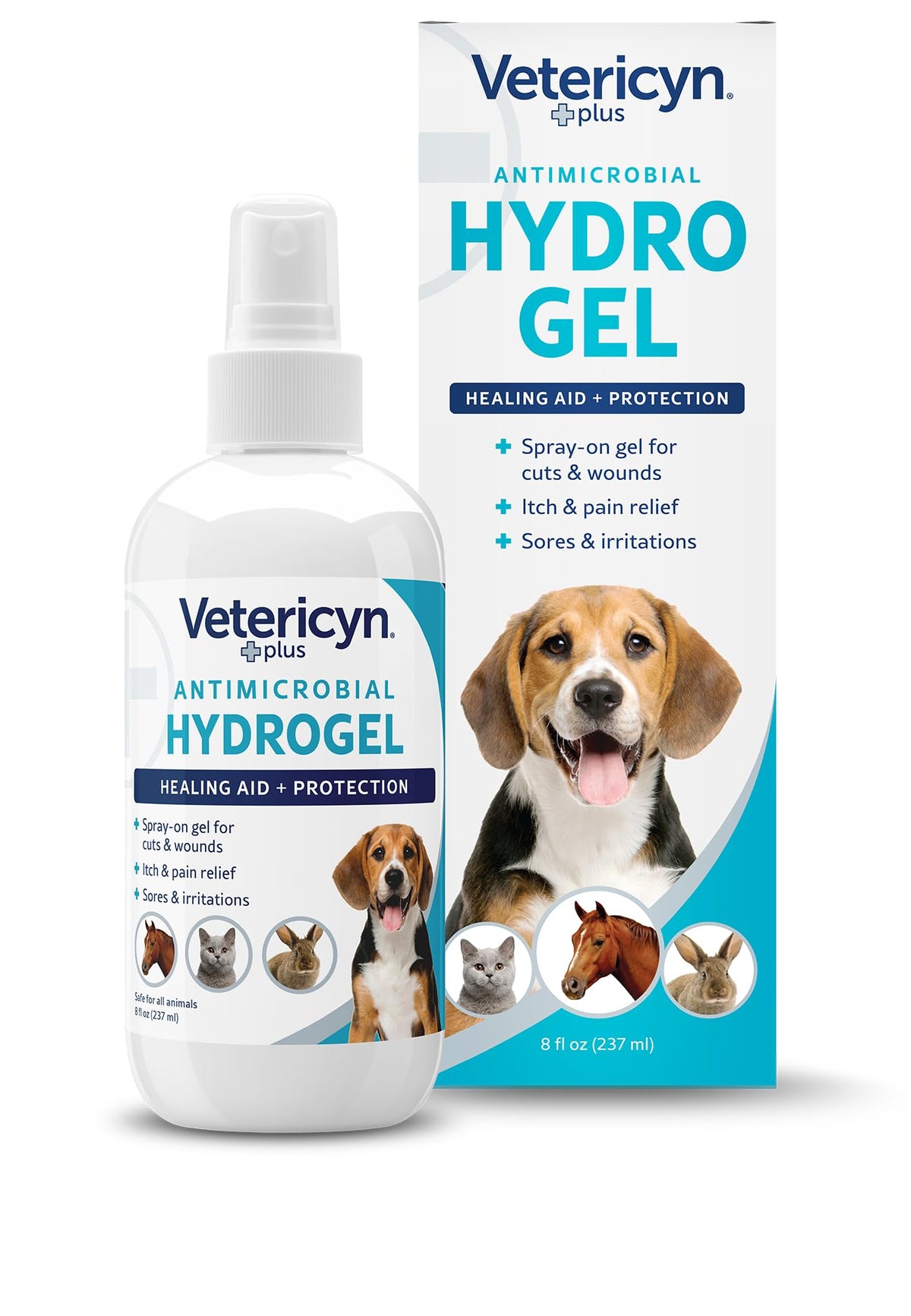 Vetericyn Plus dog wound hydrogel spray bottle demonstrates spray-on wound protection.